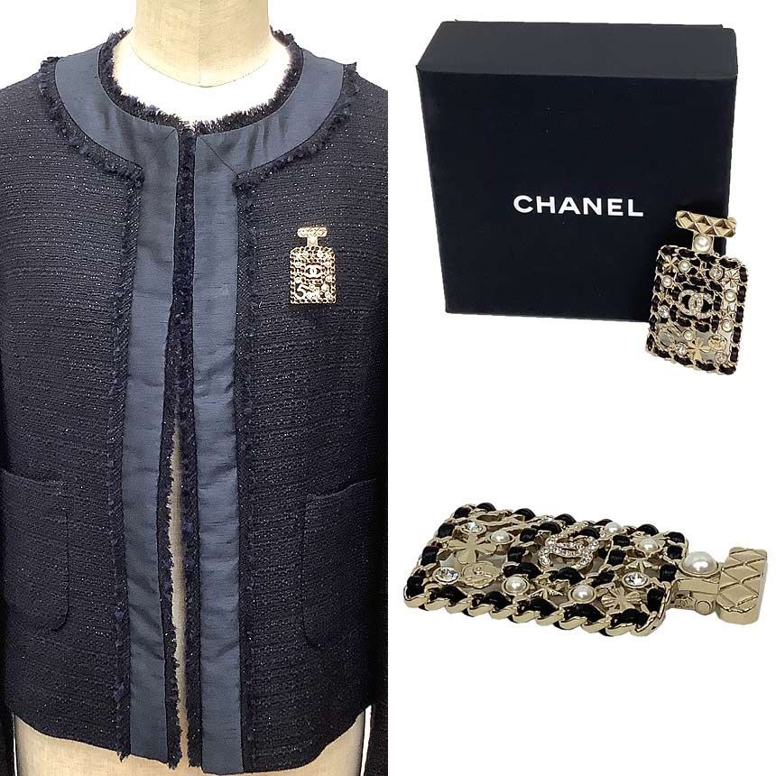 物 シャネル CHANEL ブローチ ボトルモチーフ クローバー カメリア No 5 パール ゴールド×ブラック aq 12064