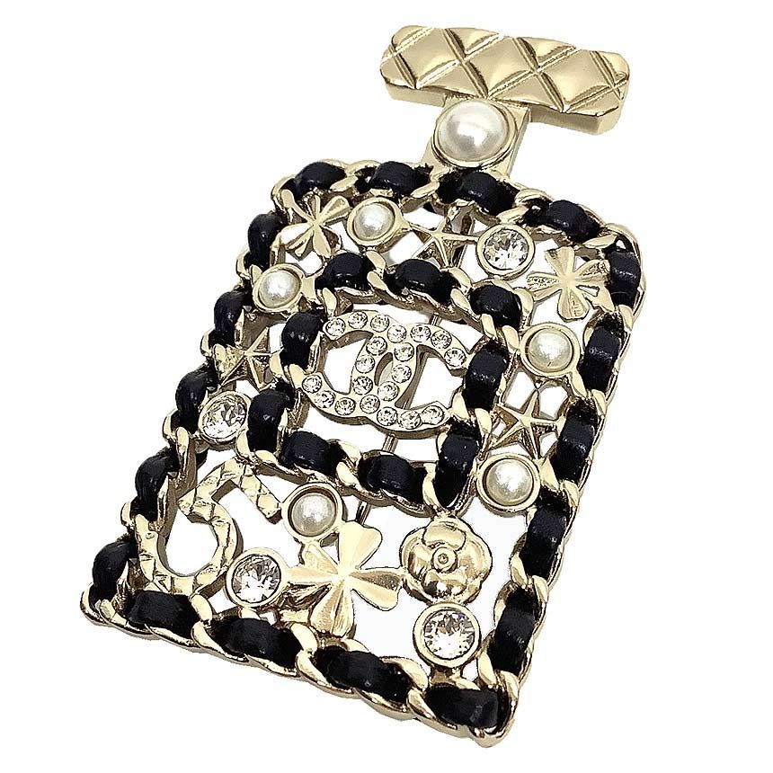 物 シャネル CHANEL ブローチ ボトルモチーフ クローバー カメリア No 5 パール ゴールド×ブラック aq 12064