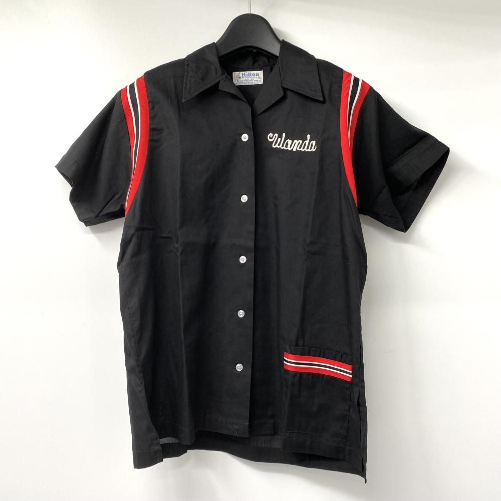 70s Hilton ボーリングシャツ チェーン刺繍 サイズ38 ブラック×レッド ヒルトン 17