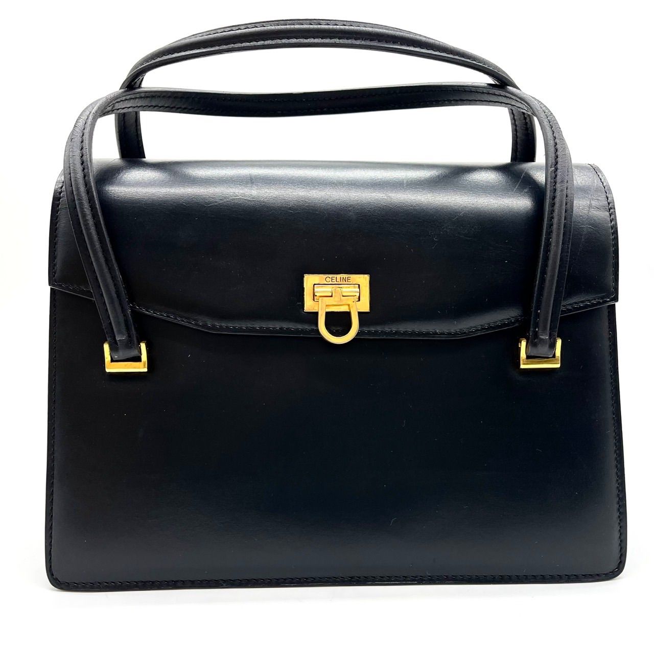 人気】セリーヌ ハンドバッグ ロゴ型押し ゴールド金具 レザー ダーク
