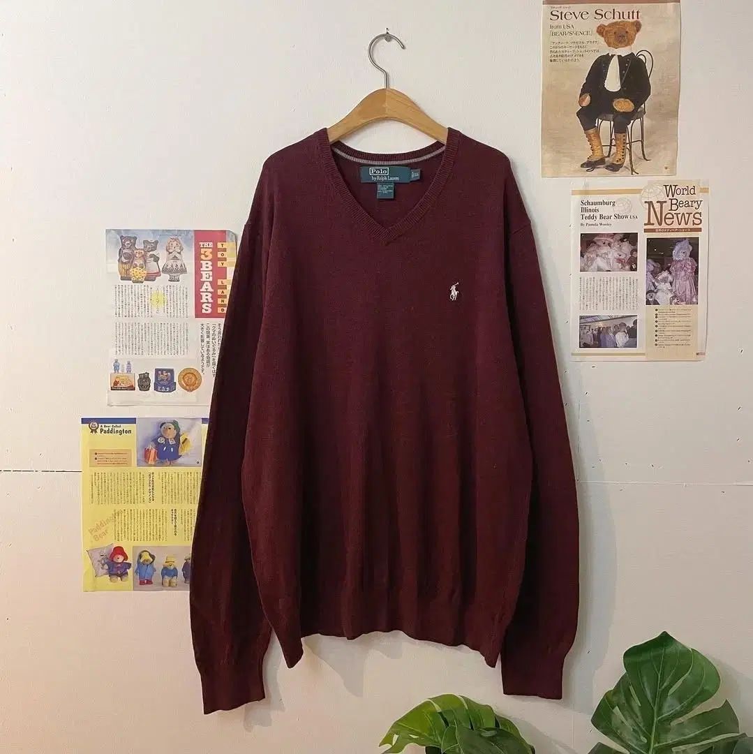 ヴィンテージ ポロ ワイン Vネックニット