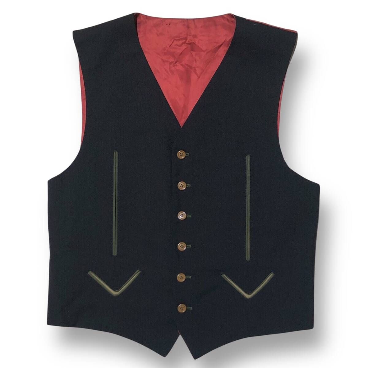 archive JEAN PAUL GAULTIER HOMME front design vestフロントデザインウールベスト サイズ48 紺 レッド系