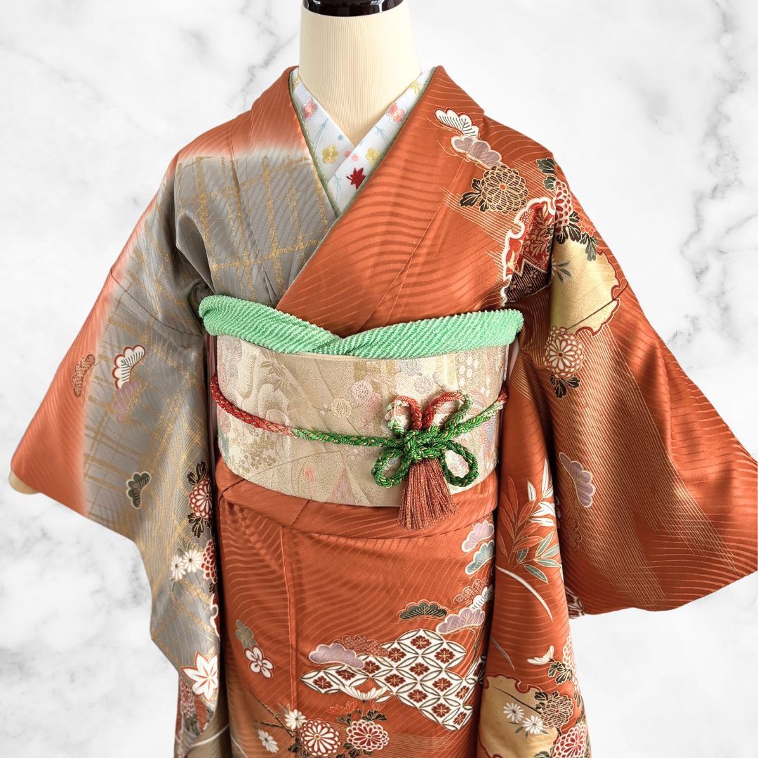 美品 振袖 フルセット 正絹 身丈160cm 刺繍衿付き パールトーン加工 茶