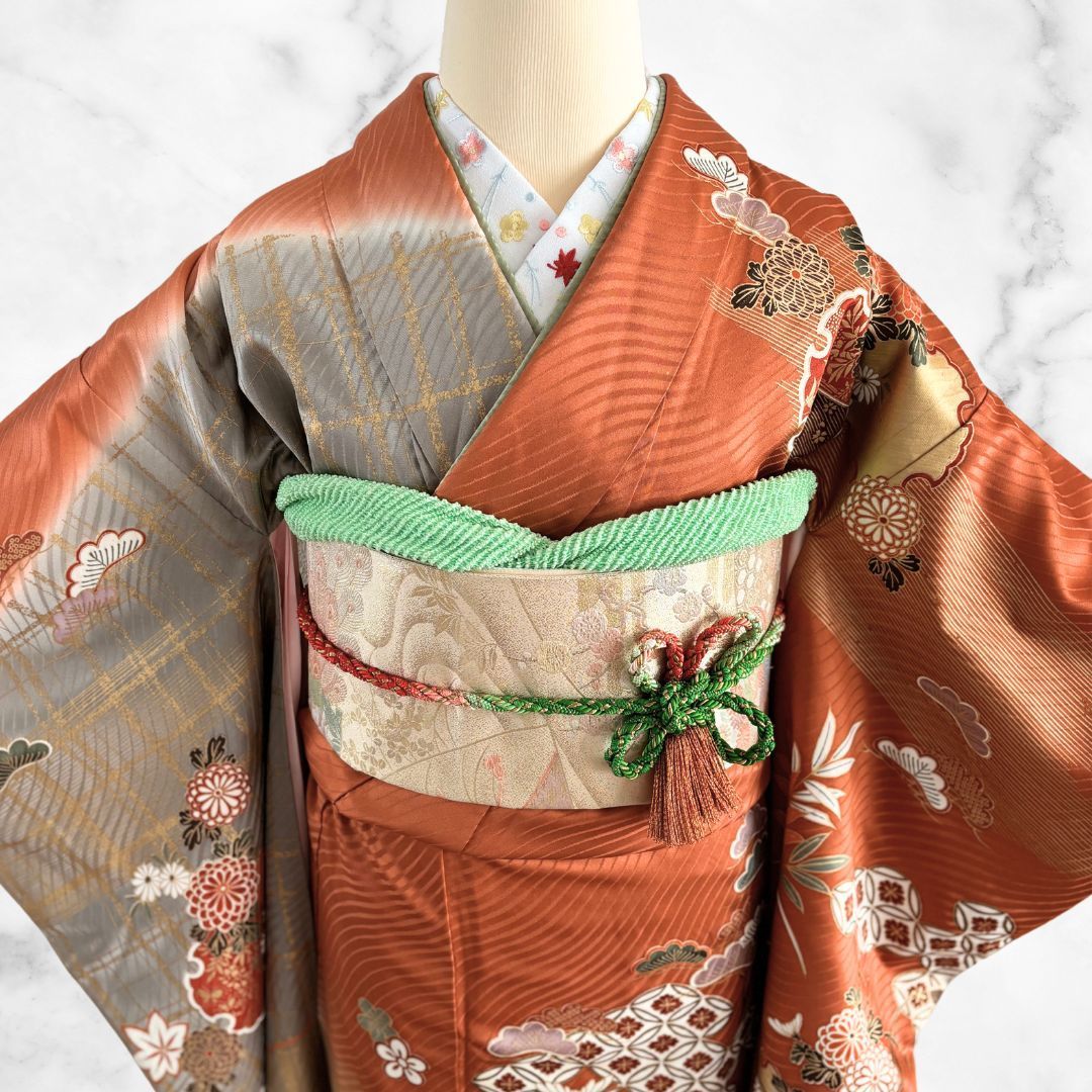 【美品】振袖フルセット 美品 振袖 フルセット 正絹 身丈160cm 刺繍衿付き パールトーン加工 茶