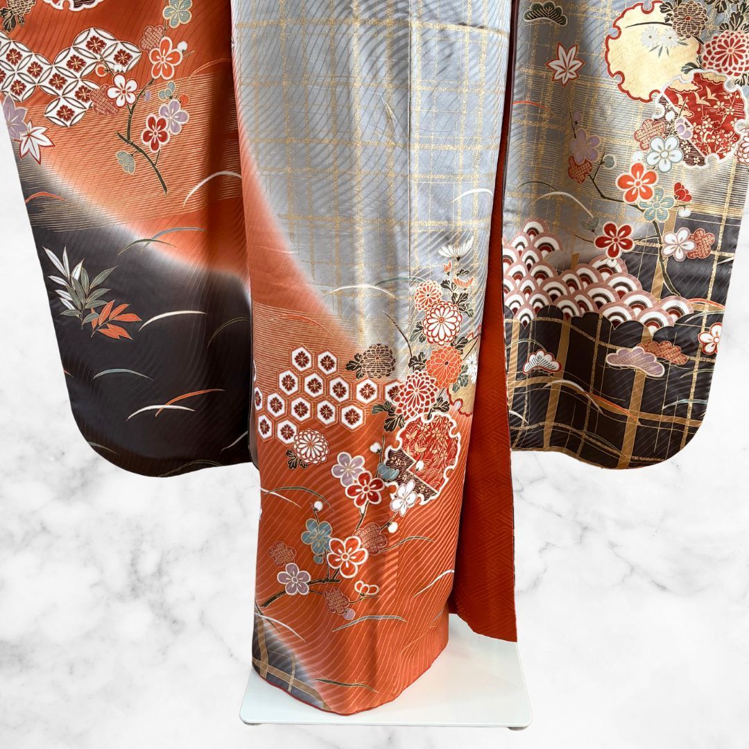 美品 振袖 フルセット 正絹 身丈160cm 刺繍衿付き パールトーン加工 茶