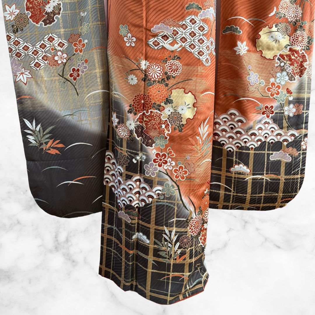 美品 振袖 フルセット 正絹 身丈160cm 刺繍衿付き パールトーン加工 茶