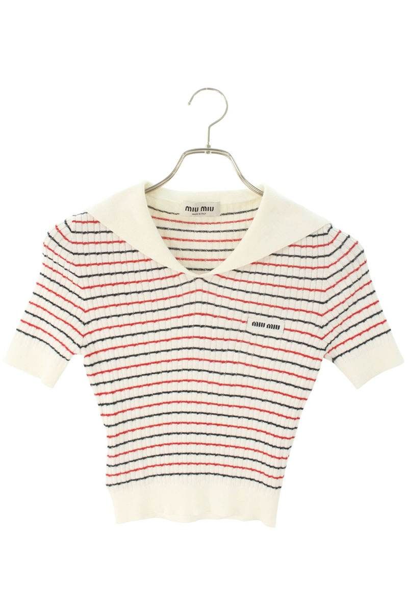 ミュウミュウ MML632 ロゴ刺繍ボーダーセーラー 半袖ニット レディース 36