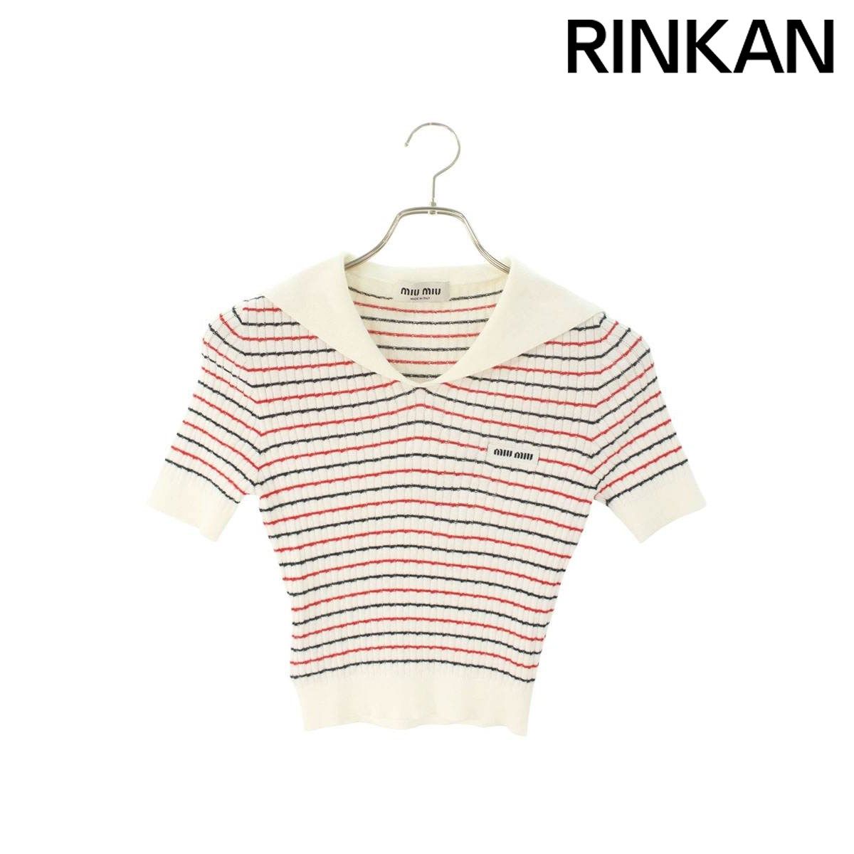 ミュウミュウ MML632 ロゴ刺繍ボーダーセーラー 半袖ニット レディース 36