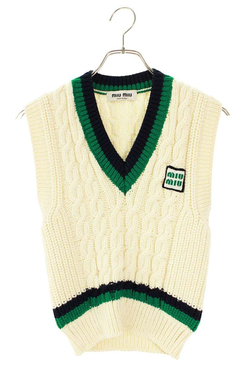 ミュウミュウ MMV039 ロゴパッチ付きケーブルニットベスト レディース 36