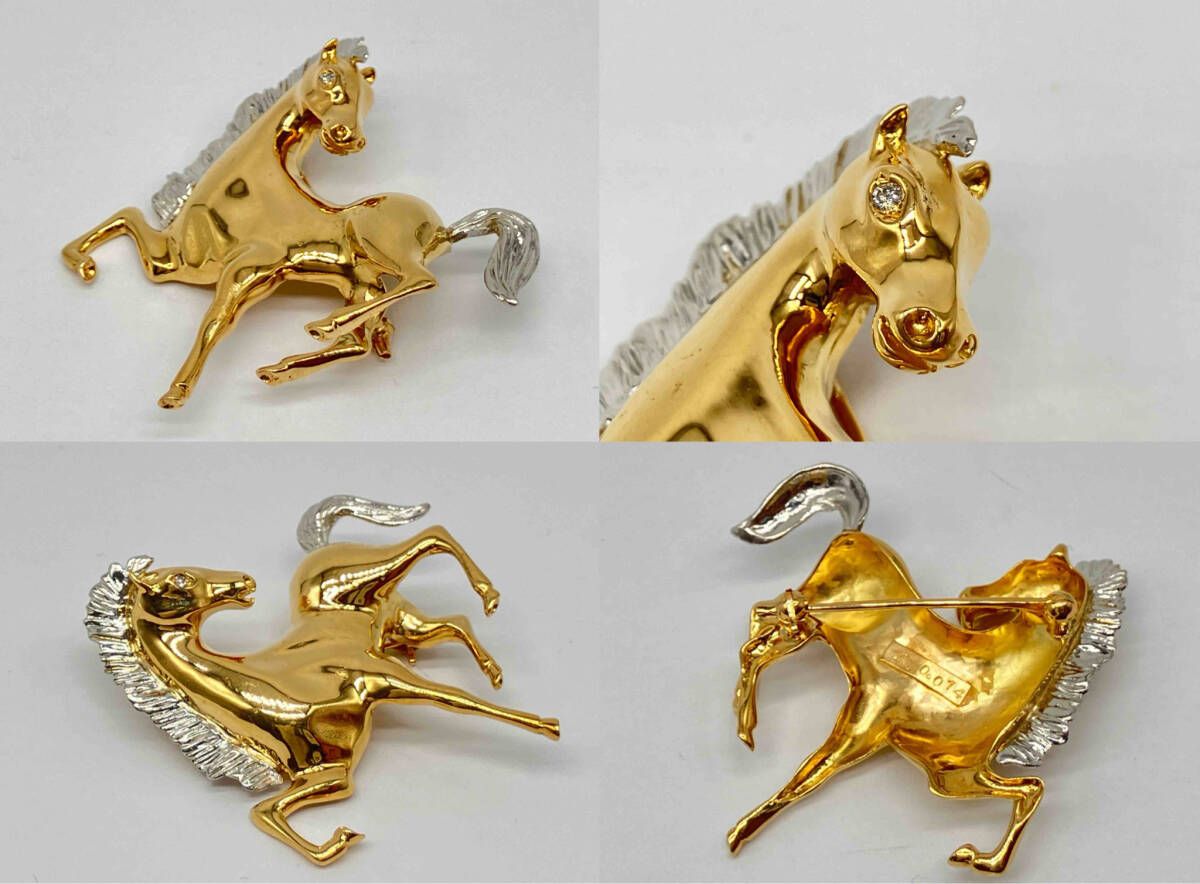 K 18 Pt 900 ブローチ ダイヤモンド0.014 ct ホース ゴールド プラチナ 馬