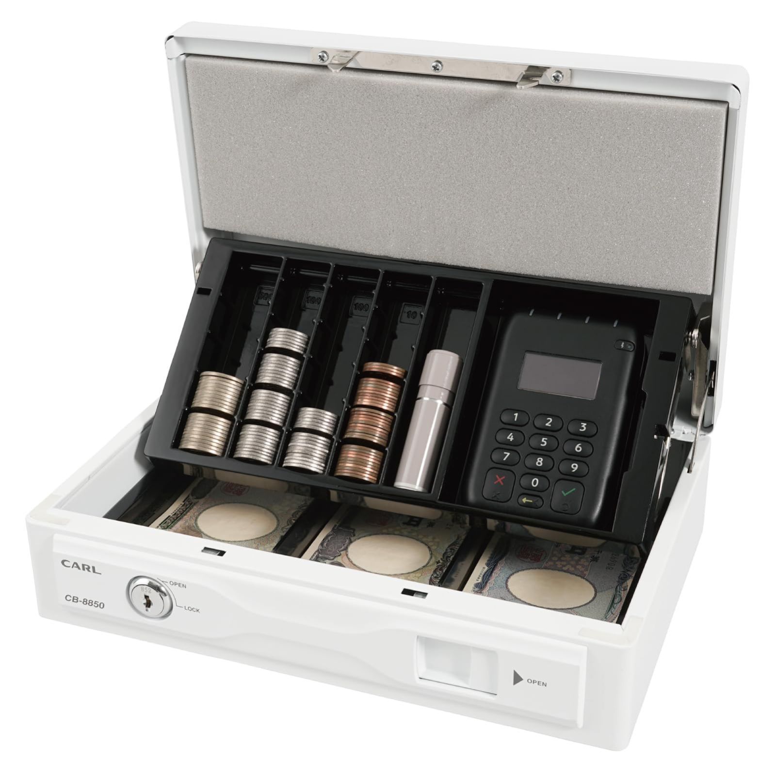 商品 カール事務器 CARL 手提げ金庫 キャッシュボックス そとレジ キャッシュレス決済端末も収納できる手提げ金庫 A5 薄型 スリム ホワイト CB-8850-W