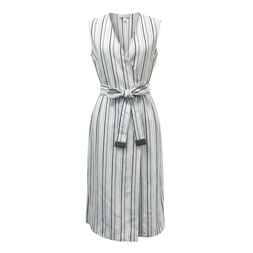 80k11 MORABITO モラビト ノースリーブ リネンブレンド ストライプコート 38 ホワイトグレー ワンピースt18r