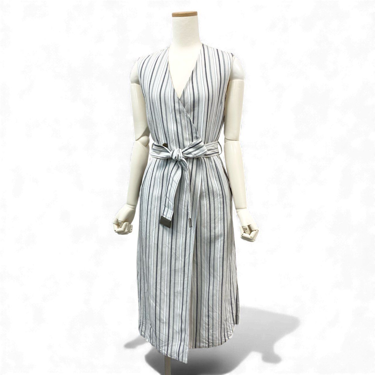 80 k 11 モラビト ノースリーブ リネンブレンド ストライプコート 38 ホワイトグレー ワンピースt 18 r
