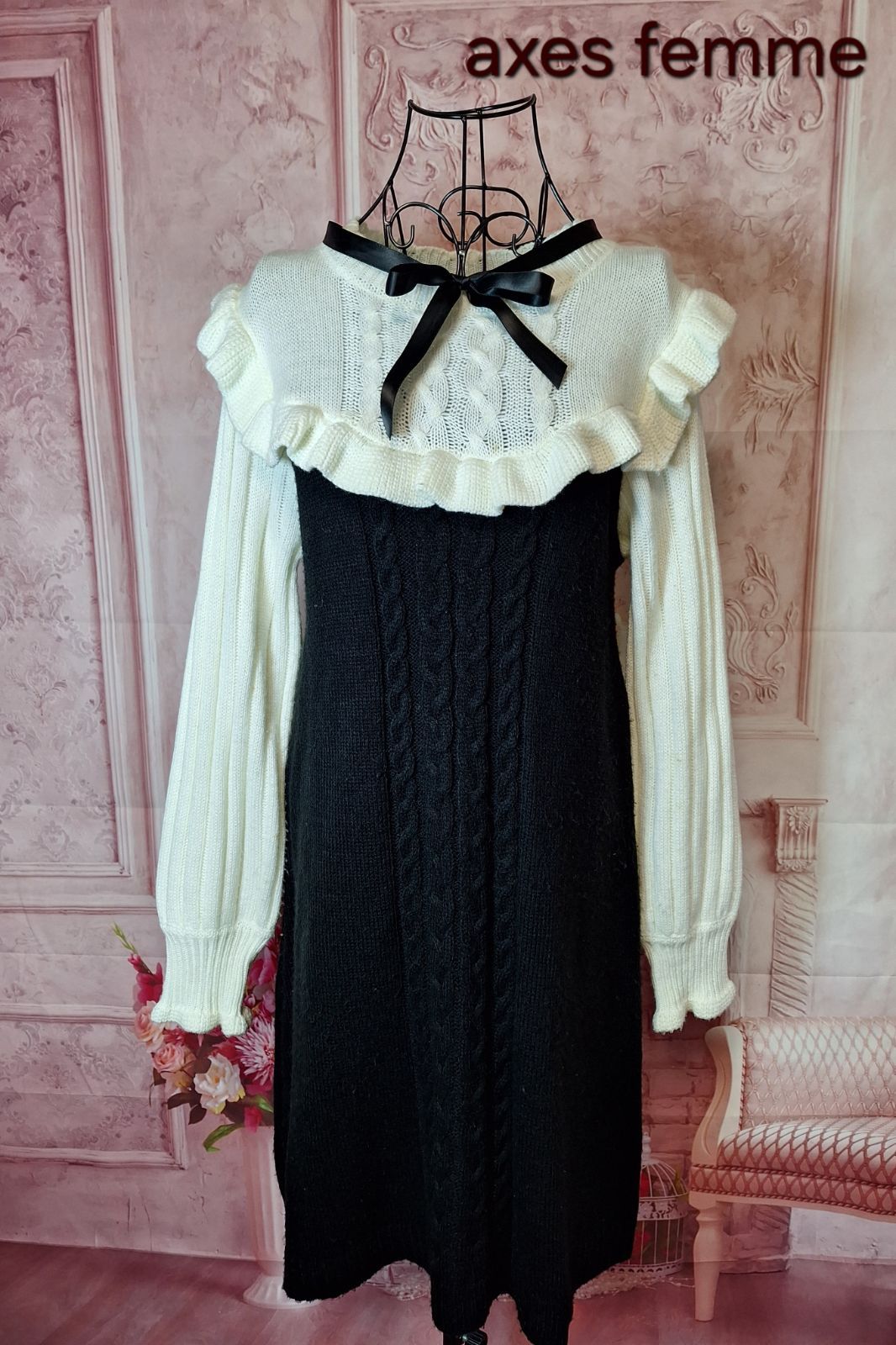 axes femme ニット ワンピース リボン フリル ロリ 秋 冬 Japanese pop