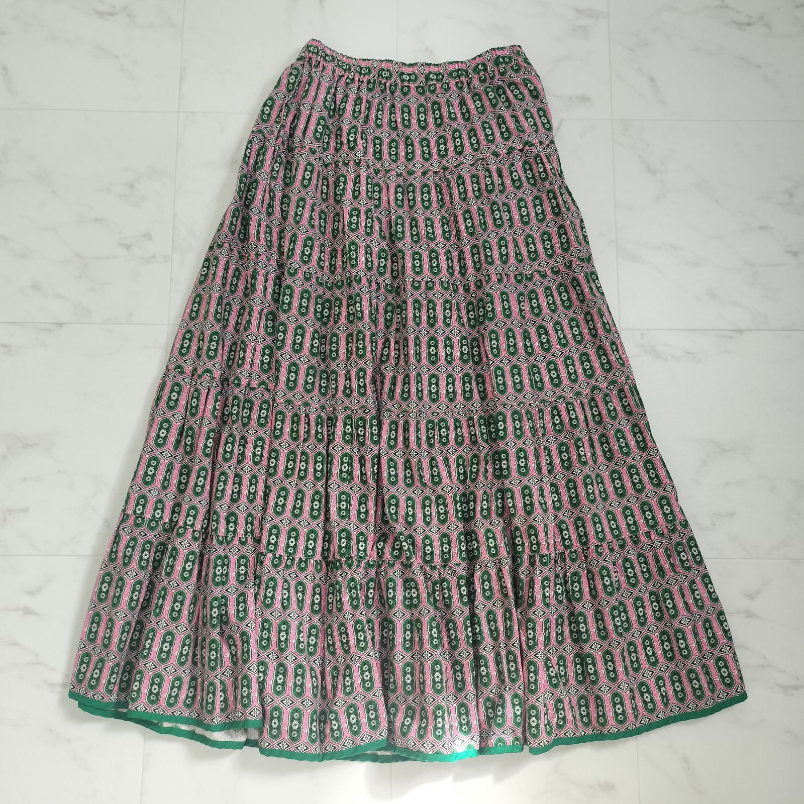 Dot＆Stripes CHILD WOMAN ドットアンドストライプ チャイルドウーマン アフリカンプリント ティアードスカート ロング丈 ピンク グリーン