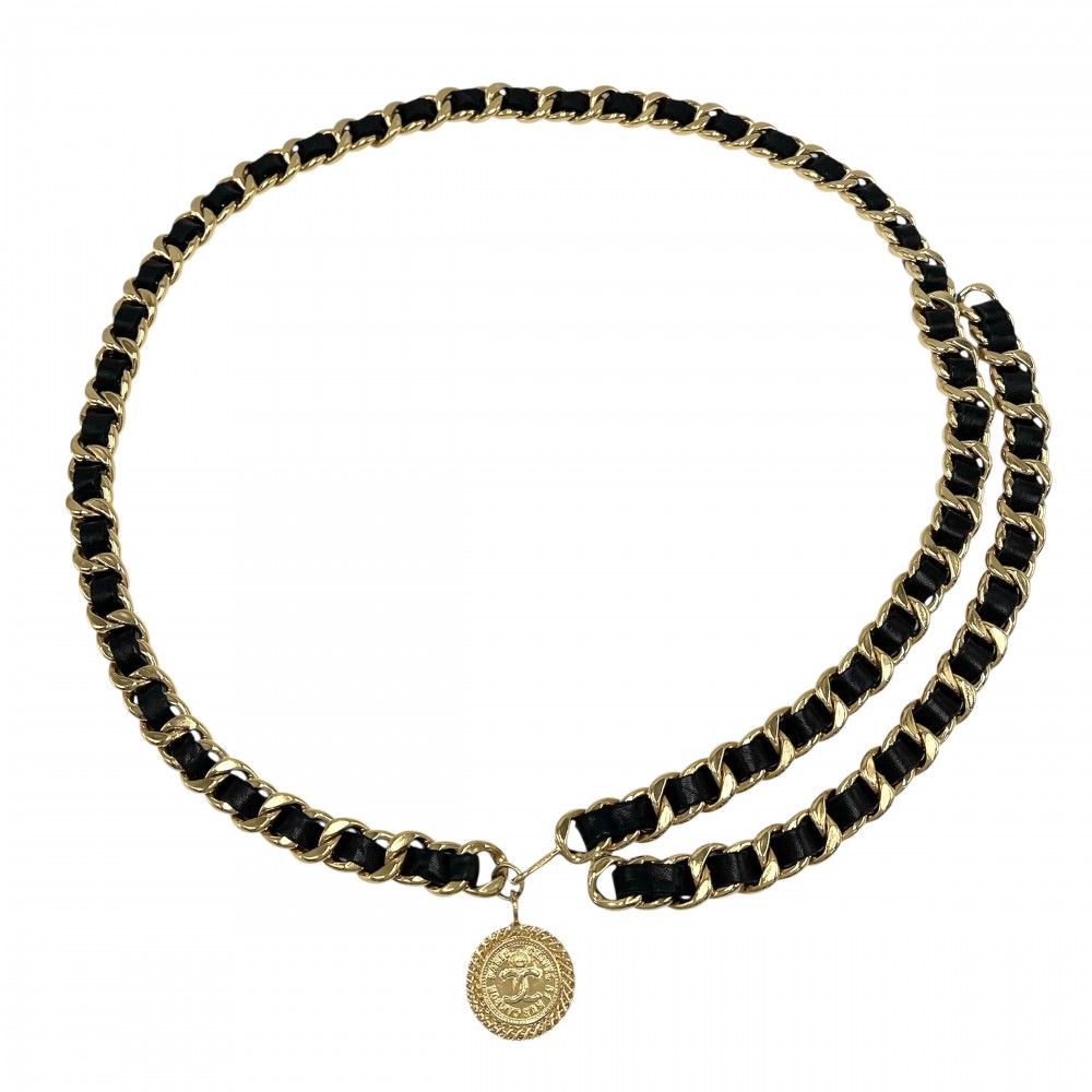 シャネル ベルト レディース メダル チェーンベルト ファッションアイテム 小物 ココマーク ヴィンテージ CHANEL GP レザー ブラック 黒 ゴールド金具 品