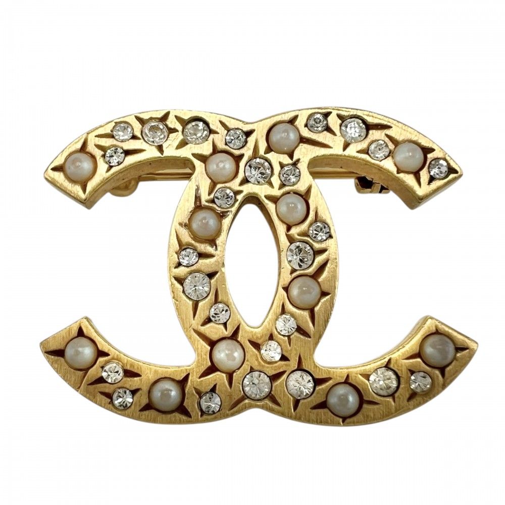 シャネル ブローチ レディース ココマーク CHANEL GP ラインストーン フェイクパール 06A ゴールド 約9.8g 2006年 品