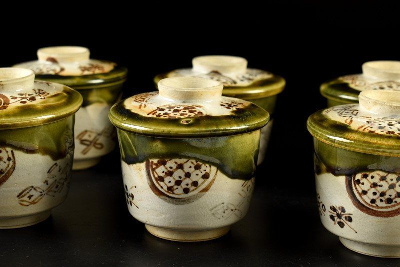 蔵C9486】織部 加藤作助 蓋茶碗 蓋付碗 六客 - メルカリ