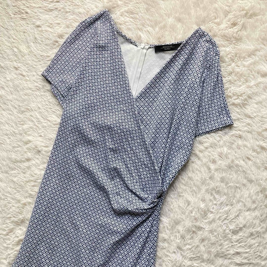 WEEKEND MaxMara ウイークエンドマックスマーラ 美ライン ジャージーカシュクールワンピース 総柄 ブルー ホワイト XSサイズ