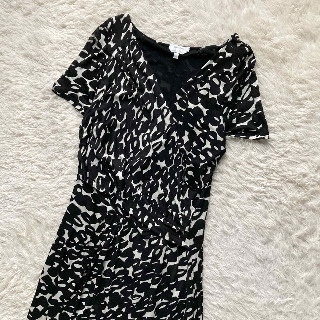 最 白タグ マックスマーラ カシュクールワンピース ストレッチ ひざ丈 総柄 ブラック ホワイト イタリア製 MaxMara