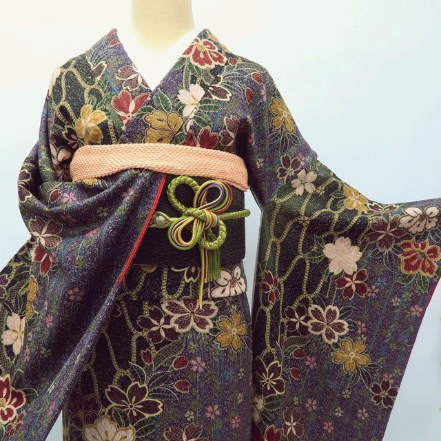 Y2762◇美品 正絹 手縫い仕立て 成人式 振袖 着物 百華❀Y3934◇美品 正絹 手縫い仕立て 成人式 振袖 長襦袢 2点セット