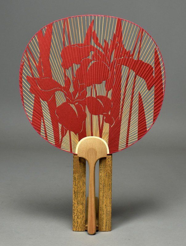 蔵A 4066 b 京うちわ 阿以波 あやめ 赤透かし 竹細工 39 3ｃｍ