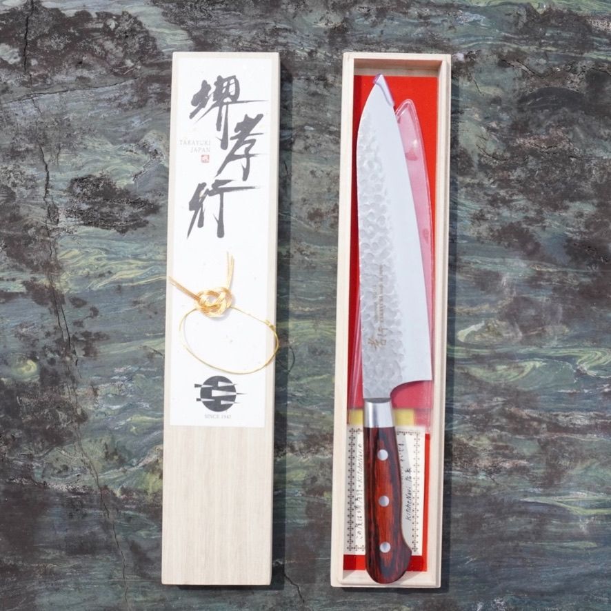 大 堺孝行 牛刀包丁 210ｍｍ マホガニー柄 黒色 漆柄 職人 KitcheNaviコラボ 特注品 両刃 さびにくい 国産