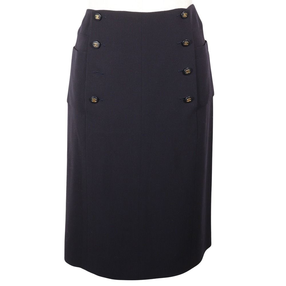 CHANEL シャネル ココマーク ダブルボタン ヴィンテージ P07931V04916 97P ウール 紺 レディース スカート