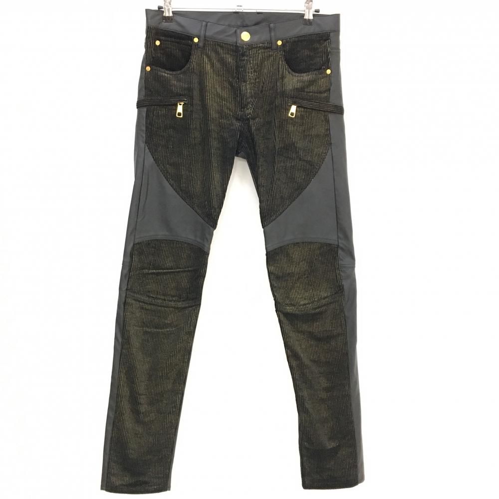 超 マークアンドロナ 異素材コーデュロイパンツ 黒×ゴールド 裏微起毛 後合皮 スカル型押し メンズ 48 L ゴルフウェア MARK＆LONA