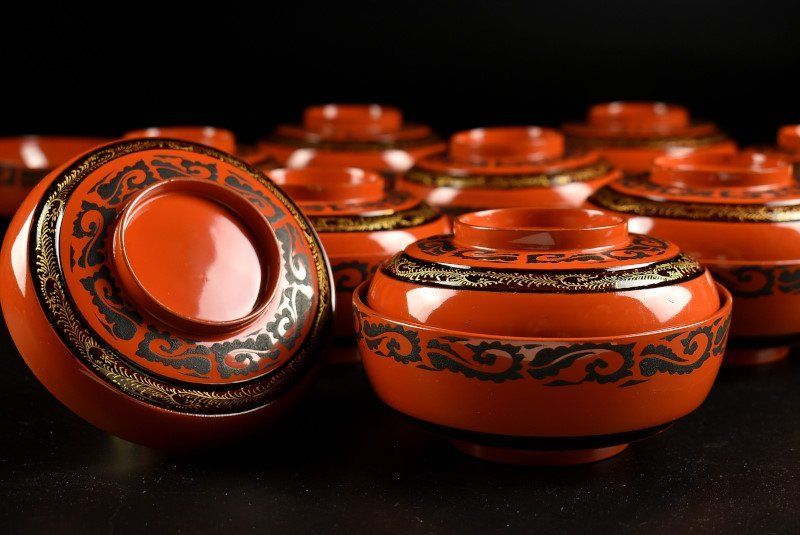 蔵A 4386 b 木製堅地朱塗 唐草文 菓子椀 吸物椀 十客