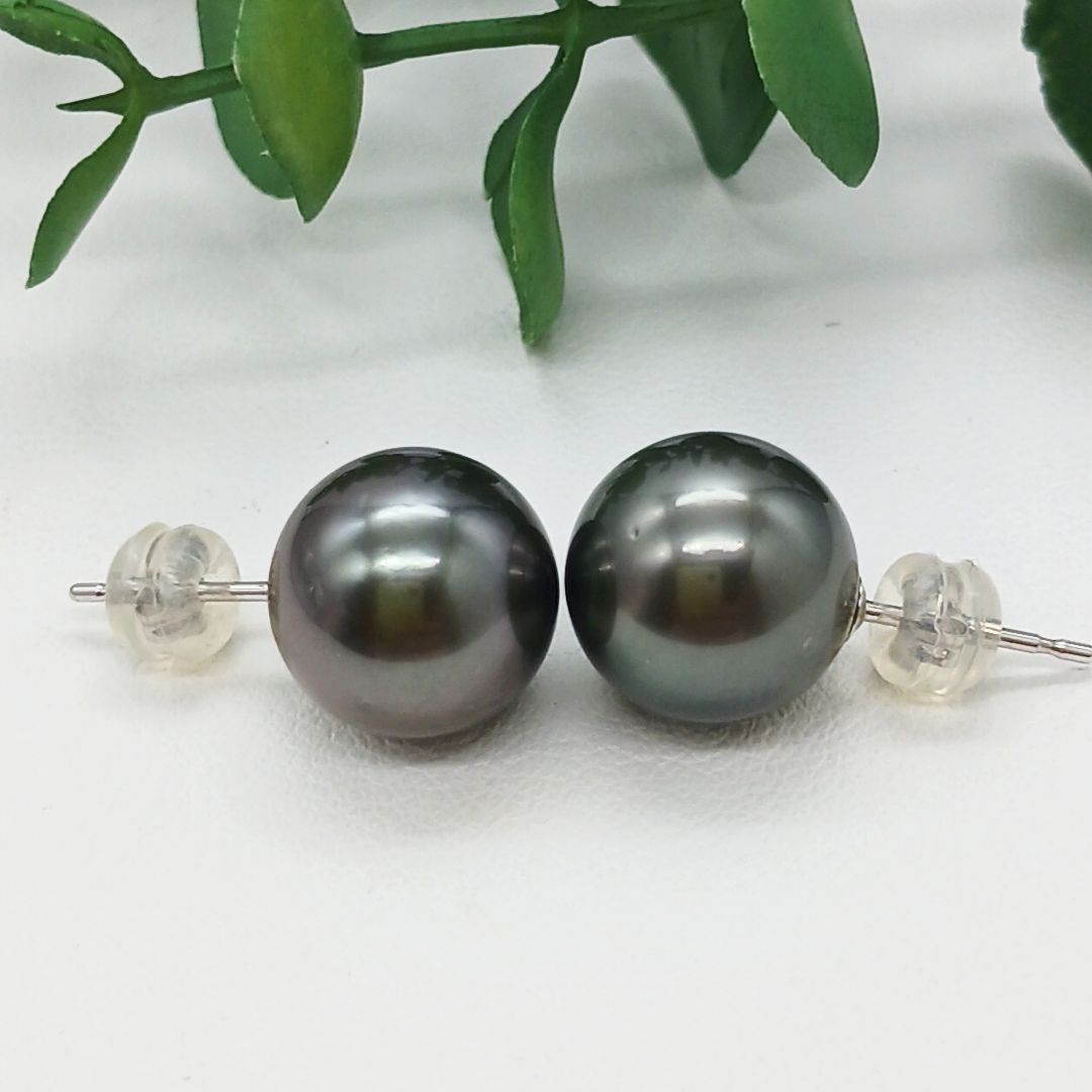K 14 WG南洋黒蝶真珠スタッドピアス 照りの良い11 2ミリ珠 大珠黒蝶真珠ピアス タヒチ真珠 フォーマル用にも 商品番号9-418