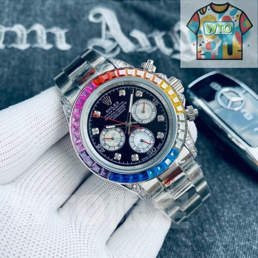 レインボーダイヤ ロレックス デイトナ 40 mm｜虹彩ベゼル×3眼6針｜イタリアンゴムベルト 強化ガラス｜ ｜ -WTO輸入2