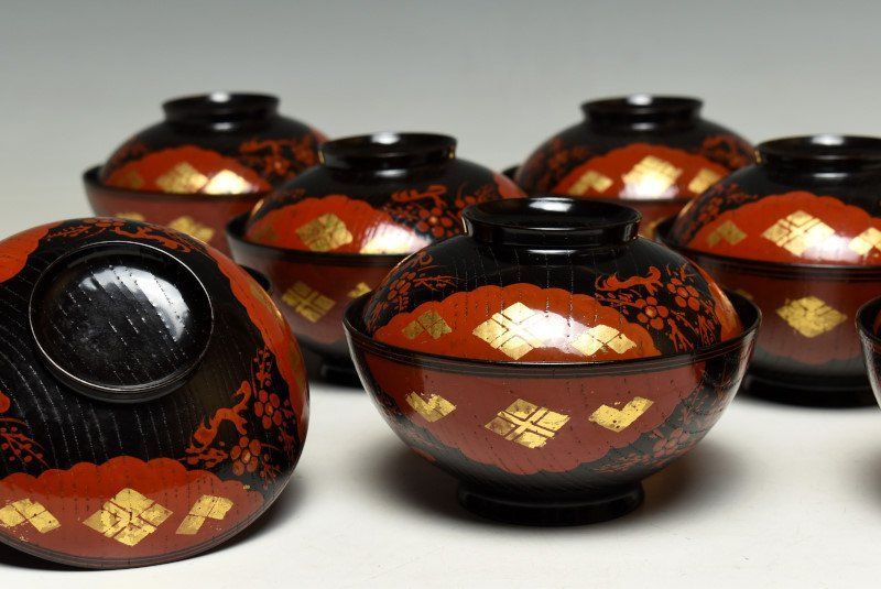 蔵A3443 木製 秀衡模様 有識菱文 蓋物 飯椀 八客