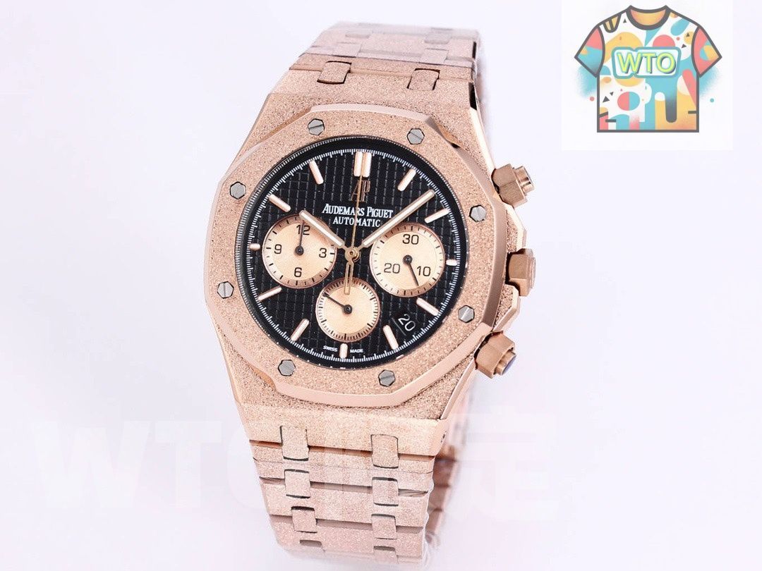 AP オーデマ ピゲ Audemars Piguet メンズクォーツクロノグラフ 41 mm フロストゴールドケース 6針機能＆耐摩耗ガラス WTO店名をご ください