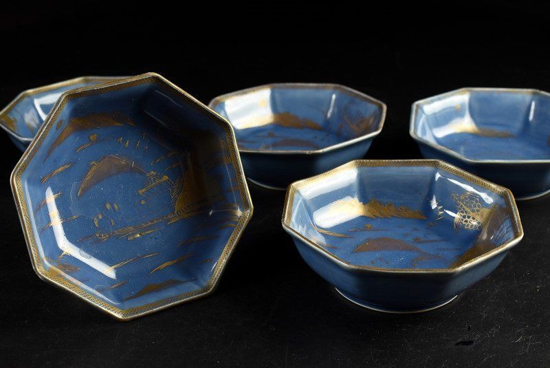 蔵A3462c】古伊万里 瑠璃金彩 なます皿 八角皿 五客 販売 蔵A3462c】