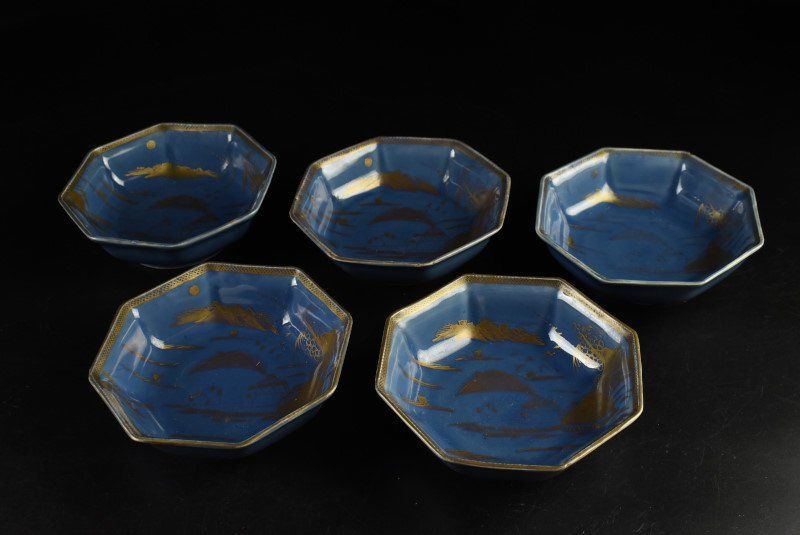 蔵A3462c】古伊万里 瑠璃金彩 なます皿 八角皿 五客 販売 蔵A3462c】古