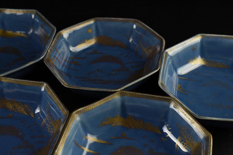 蔵A3462c】古伊万里 瑠璃金彩 なます皿 八角皿 五客 販売 蔵A3462c】古