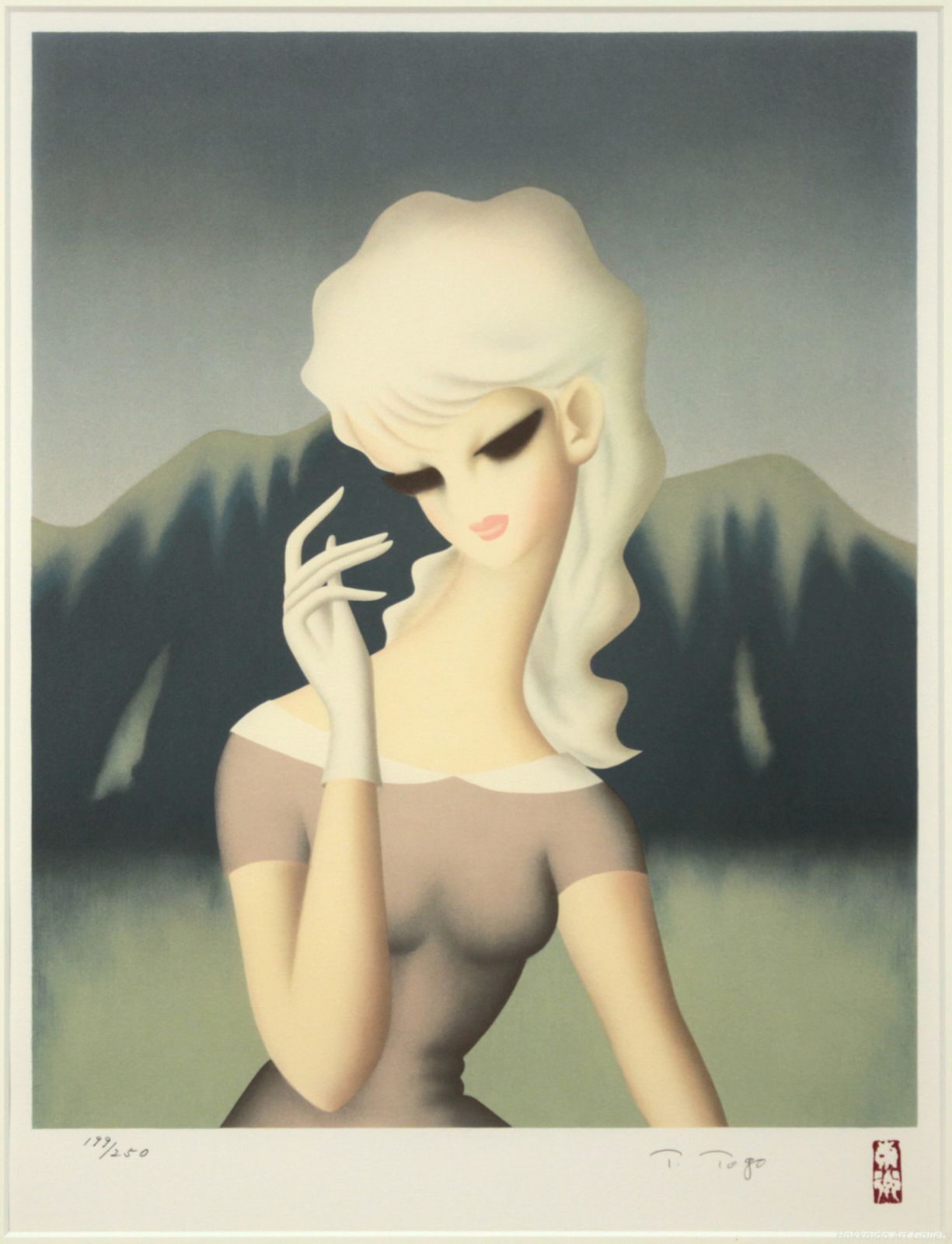 東郷青児　絵画　リトグラフ 東郷青児 「青い山」 リトグラフ 版画 絵画 - メルカリ