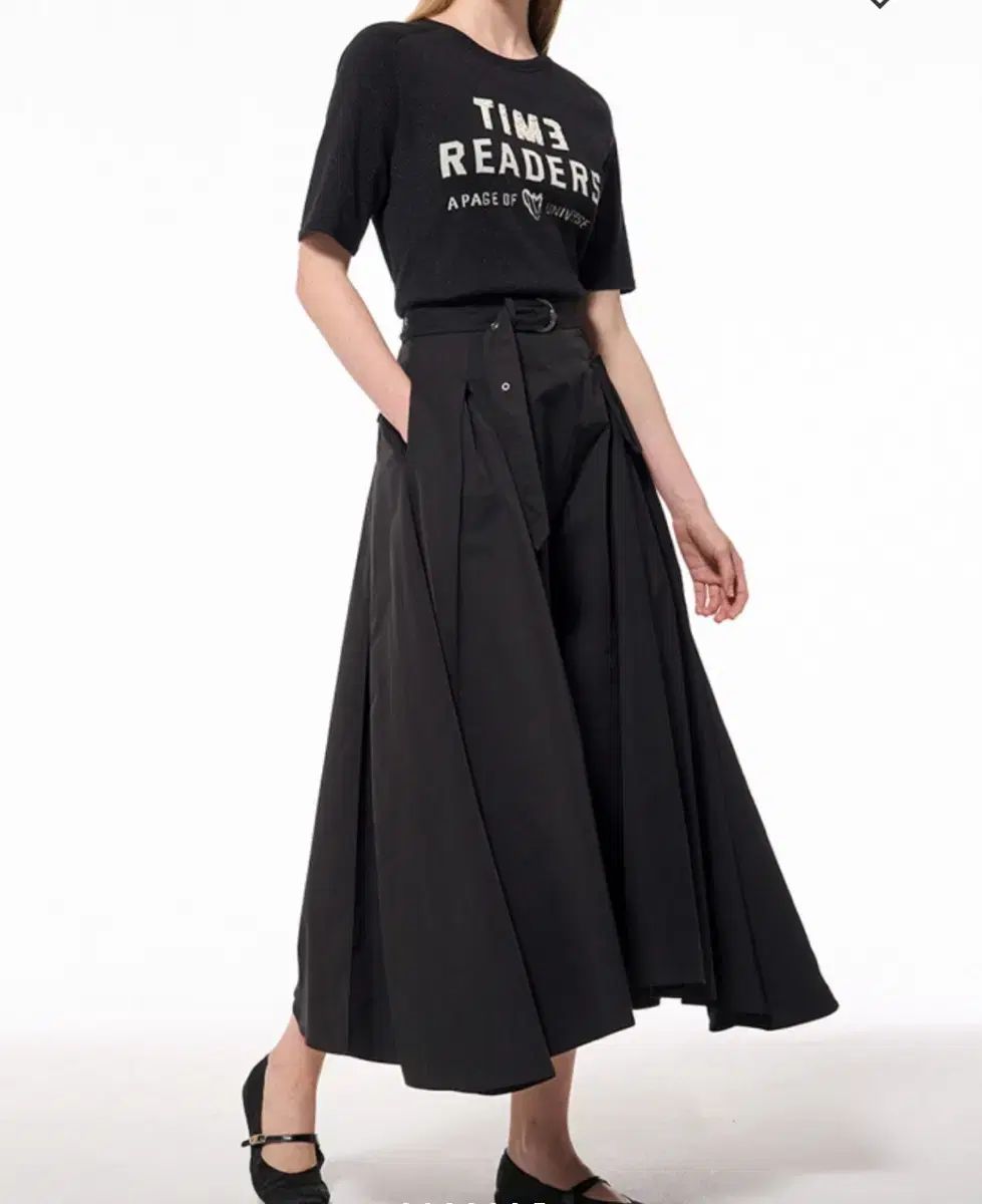 ハンサム タイム TIME シグネチャー ベルト付き ポケット ロング フ スカート ブラック シャカシャカ素材