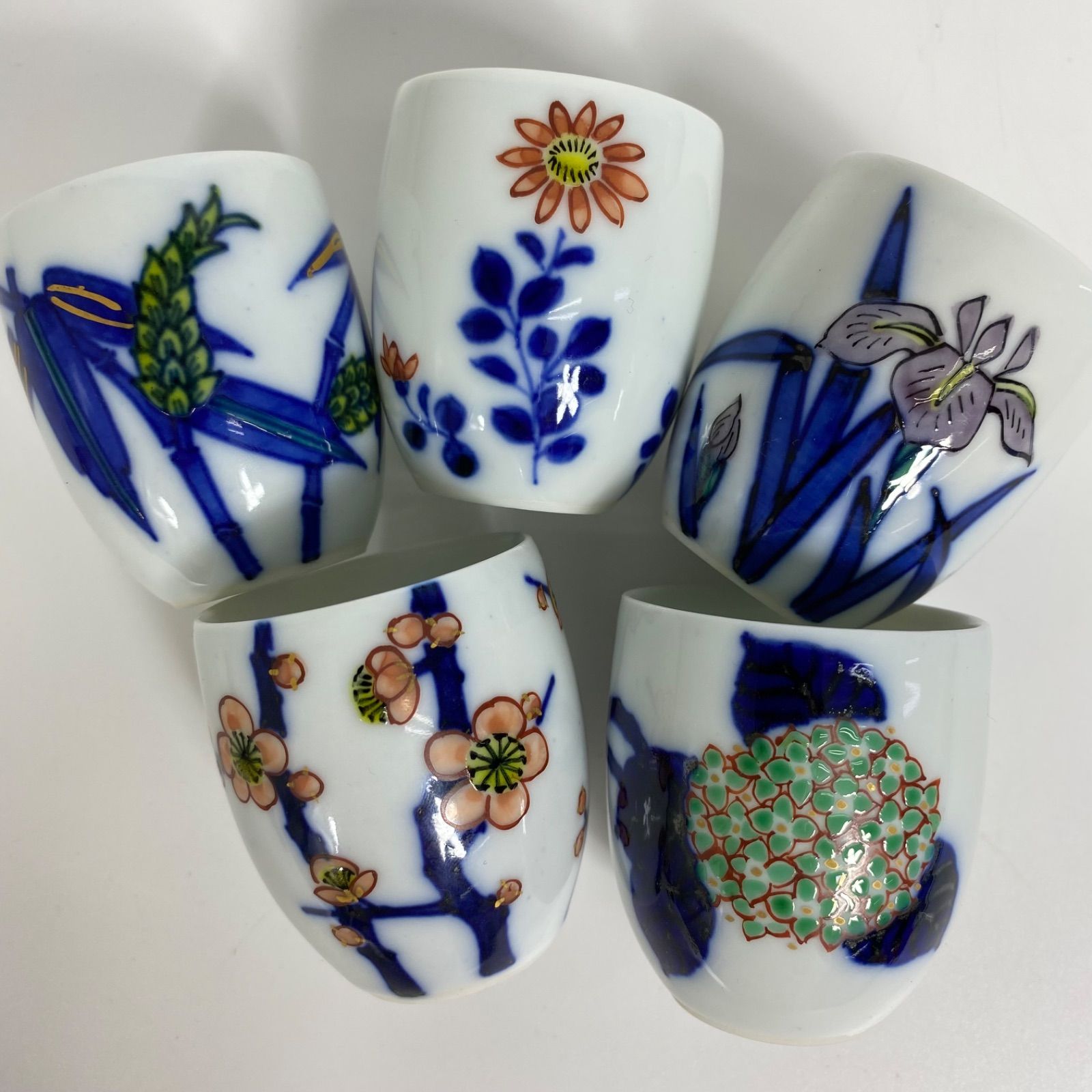 渋草焼 芳国舎 色絵 茶呑 5客揃 花文 手描き 飛騨高山 伝統工芸 美品