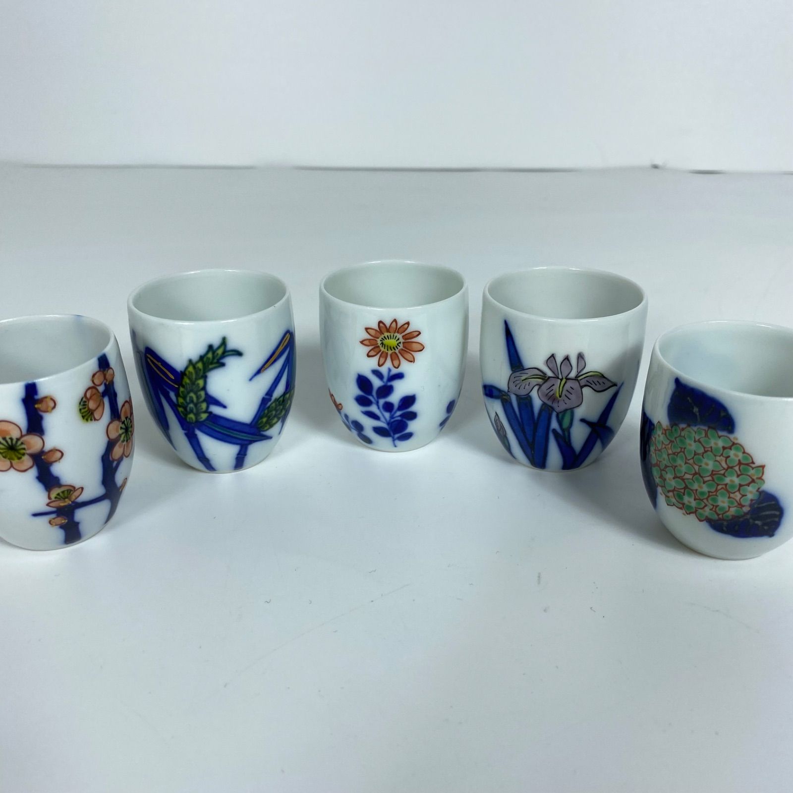 渋草焼 芳国舎 色絵 茶呑 5客揃 花文 手描き 飛騨高山 伝統工芸 美品