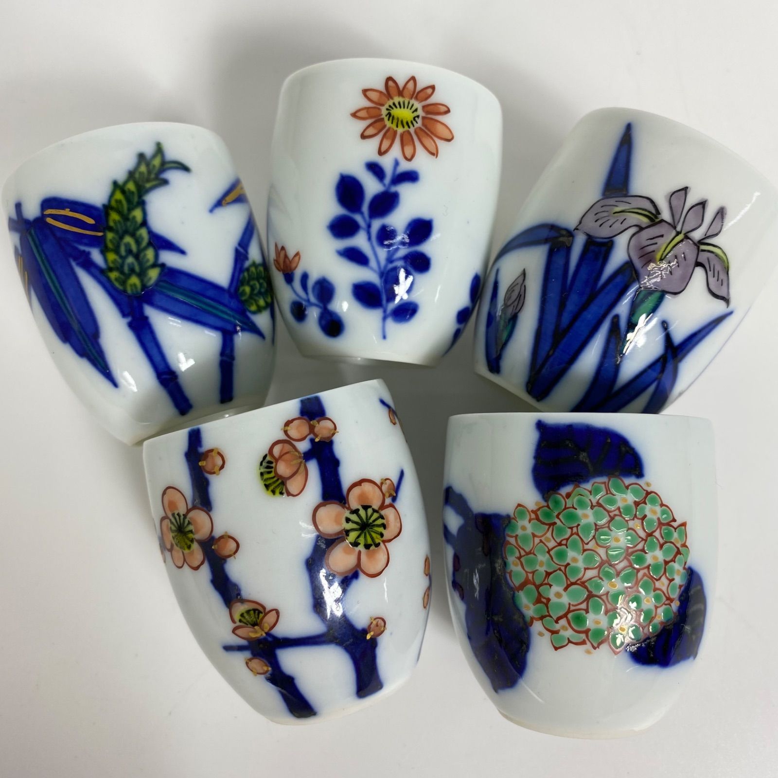 渋草焼 芳国舎 色絵 茶呑 5客揃 花文 手描き 飛騨高山 伝統工芸 美品