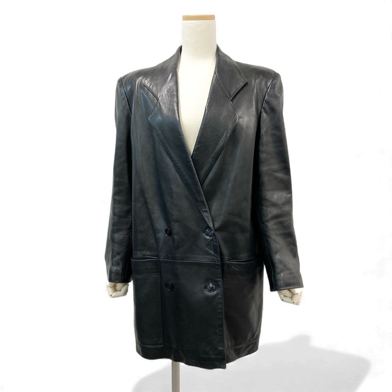 10k11 agnes b. SPECIAL アニエスベー レザー ロングジャケット チェスターコート ダブルブレスト フランス製 レディース 女性用 2 ブラックu02t