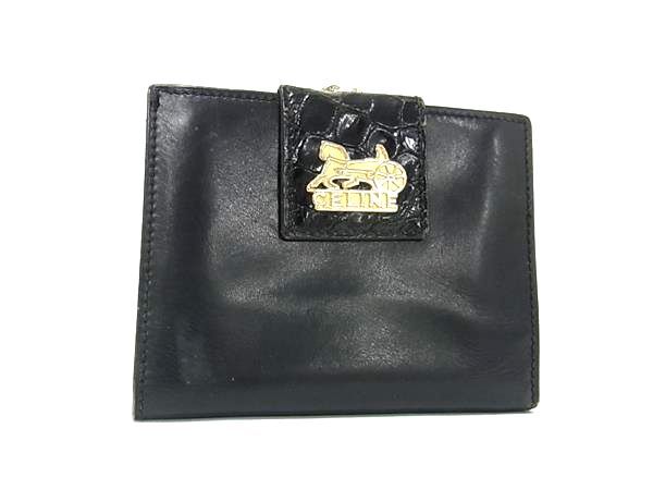 CELINE セリーヌ ヴィンテージ 馬車金具 レザー がま口 二つ折り 財布