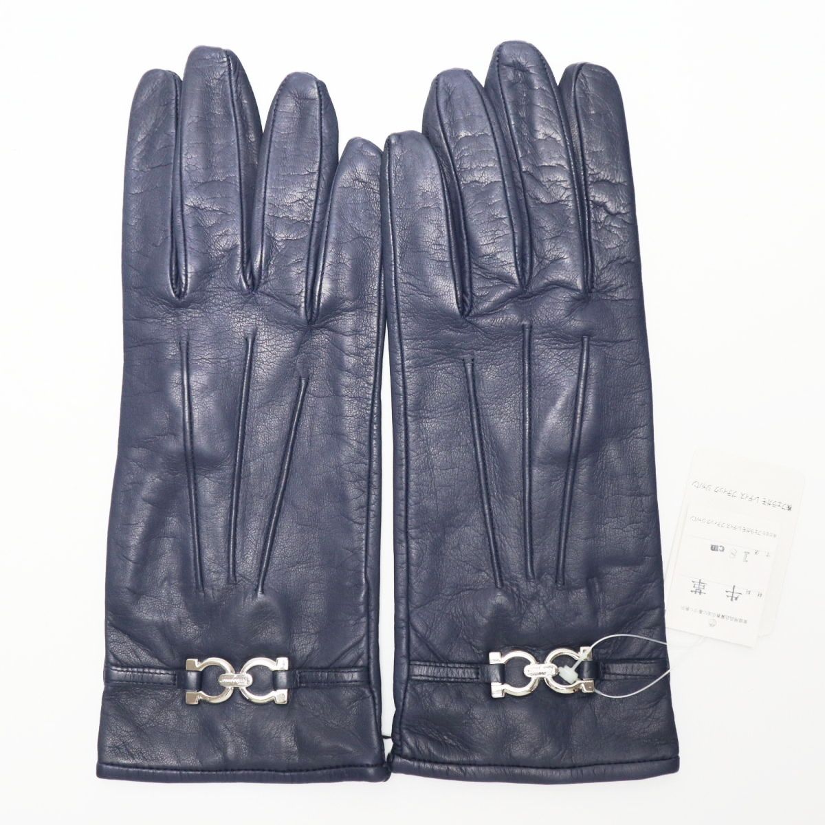 ふんわりした Salvatore Ferragamo サルヴァトーレフェラガモ ダブルガンチーニ レザー シルク グローブ 手袋 7 ネイビー シルバー K10-ｋ001 【注目のおすすめ】