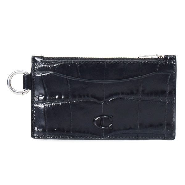 コーチ メンズ カードケース COACH クロコダイル エンボスドレザー ジップ カードケース Dカン Dリング付き ロゴ コインケース 小銭入れ ブラック CW433