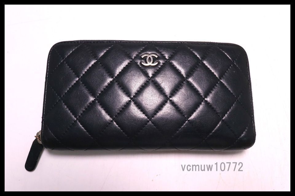 美 CHANEL 15番台 マトラッセ SV金具 レザー ラウンドファスナー 長財布 シャネル 1030zd25653