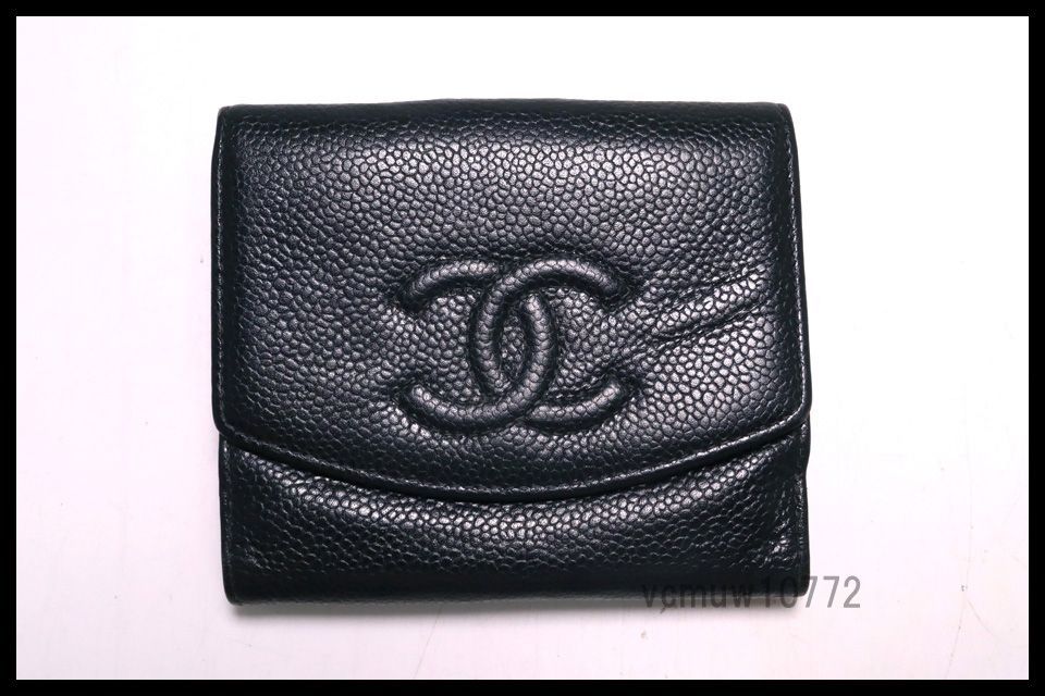 美 CHANEL 7番台 キャビアスキン ココマーク GD金具 レザー 2つ折り財布 シャネル 1030ha36072