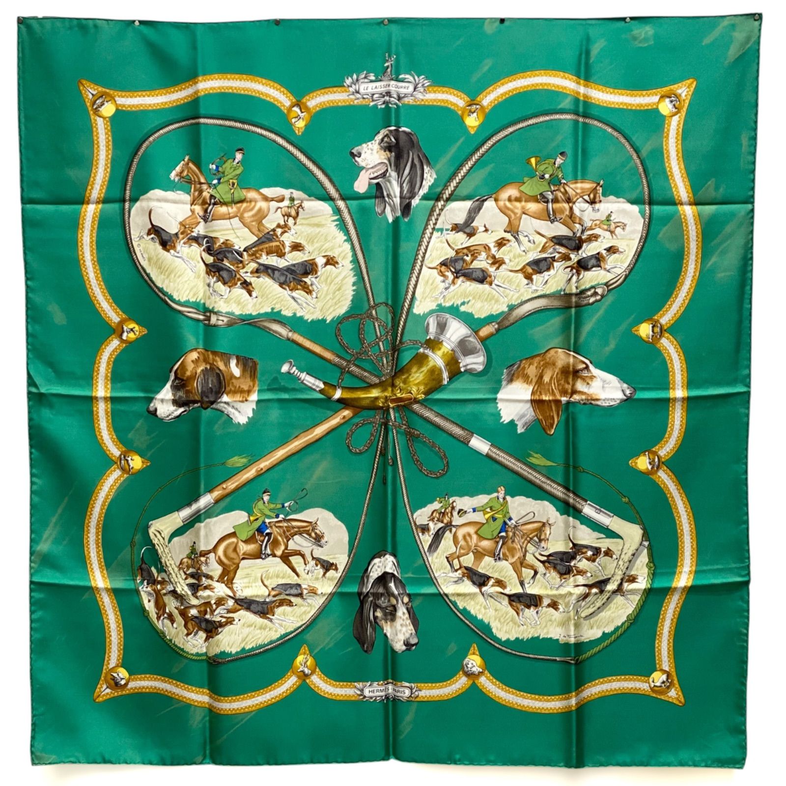 エルメス カレ90 LE LAISSER COURRE シルクスカーフ 猟犬 狩猟 グリーン HERMES AC0091