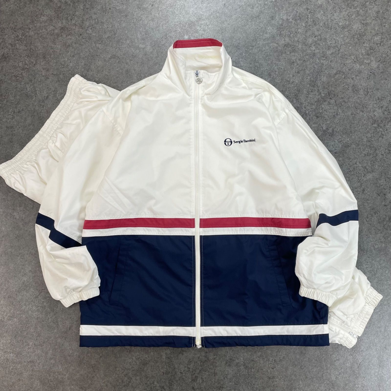 Vintage Sergio Tacchini Windbreaker Set-Up Jacktet Pant HIPHOP セルジオタッキーニ ウィンドブレーカー フルジップ トラック ジャケット パンツ セットアップ 上下 ロゴ刺繍 ヴィンテージ L